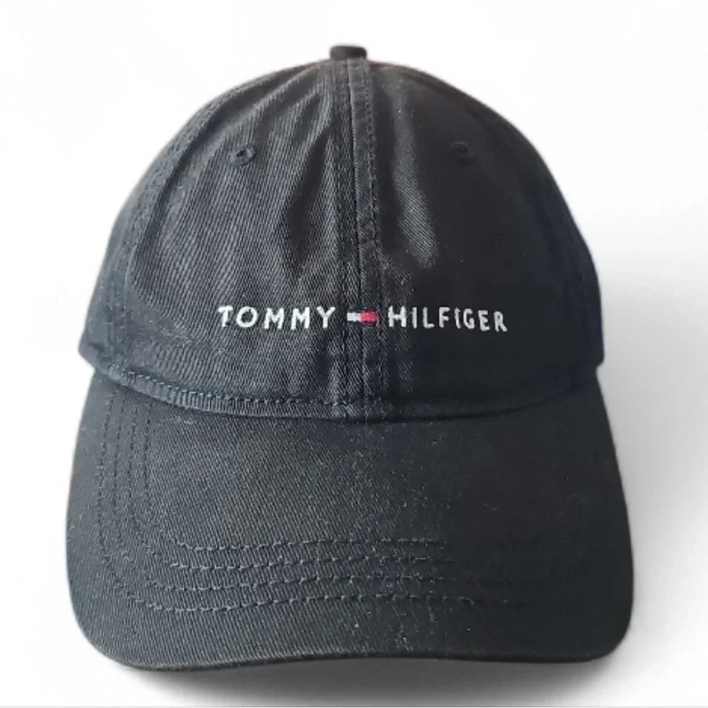 Vintage Tommy Hilfiger Dad Hat Black Cotton Baseball Cap Y2K Adjustable Logo